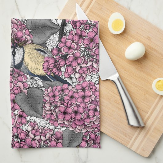 Vögel im Rosa-lila-Garten Geschirrtuch (Viertel Falte)