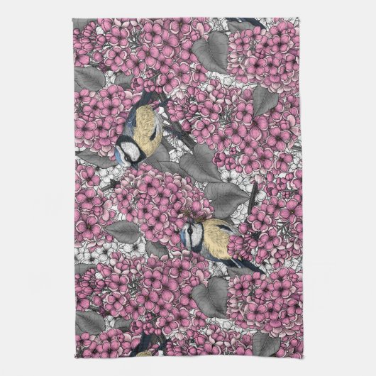 Vögel im Rosa-lila-Garten Geschirrtuch (Vertikal)