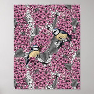 Vögel im Rosa-lila-Garten Poster