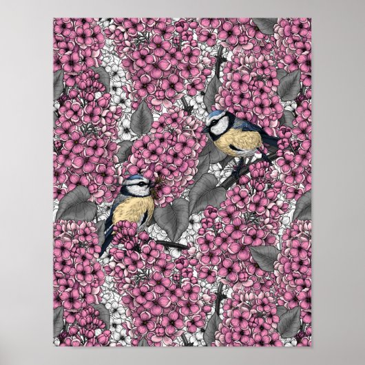 Vögel im Rosa-lila-Garten Poster (Vorne)