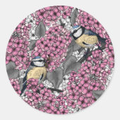 Vögel im Rosa-lila-Garten Runder Aufkleber (Vorderseite)