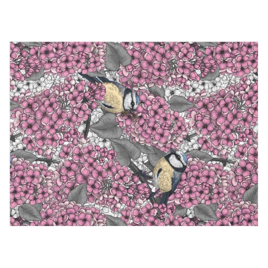 Vögel im Rosa-lila-Garten Tischdecke (Vorderseite (Horizontal))