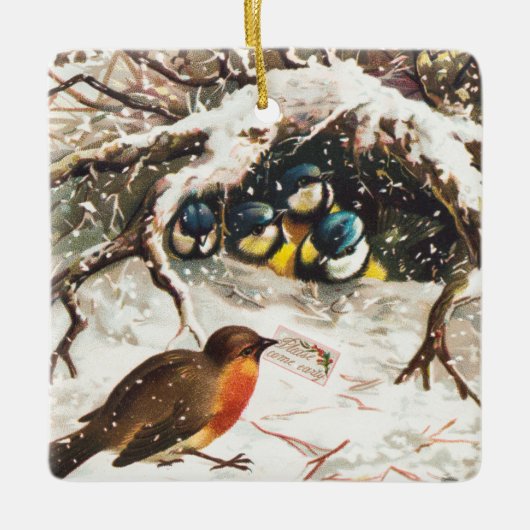 Vögel im Schnee Keramikornament (Vorderseite)