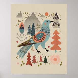 Vogel im Wald - Kuckuck in Blüten Volkskunst Poster