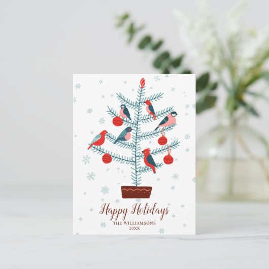 Vögel im Weihnachtsbaum Happy Holiday Family Foto Postkarte (Stehend Vorderseite)