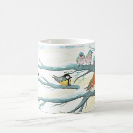 Vögel im weißen Winter Kaffeetasse (Mittel)