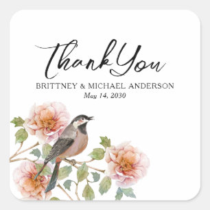 Vogel in Blumen Hochzeit Quadratischer Aufkleber