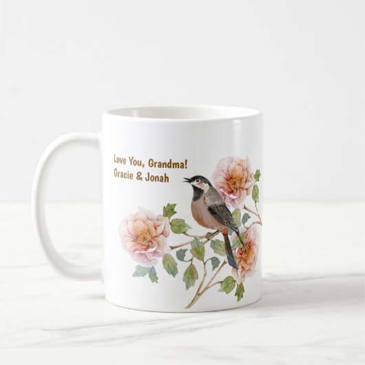 Vogel in Blumen und Foto Kaffeetasse (Links)