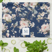Vögel in Blüten Navy Blau Wasserfarbe Monogramm Geschirrtuch (Gefaltet)