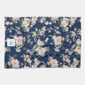 Vögel in Blüten Navy Blau Wasserfarbe Monogramm Geschirrtuch (Horizontal)