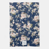 Vögel in Blüten Navy Blau Wasserfarbe Monogramm Geschirrtuch (Vertikal)