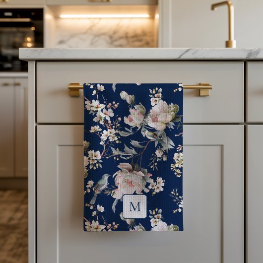 Vögel in Blüten Navy Blau Wasserfarbe Monogramm Geschirrtuch