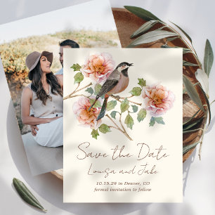 Vogel in Blüten Save the Date Foto Einladung