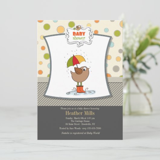 Vogel in Boots Dusche Einladung (Stehend Vorderseite)