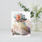 Vogel in einem Extravaganten Hut mit Blume Wasserf Postkarte (Stehend Vorderseite)