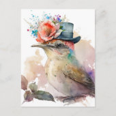 Vogel in einem Extravaganten Hut mit Blume Wasserf Postkarte (Vorderseite)