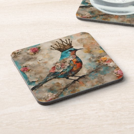 Vogel in einer Crown Mixed Media Collage Getränkeuntersetzer (Linke Seite)