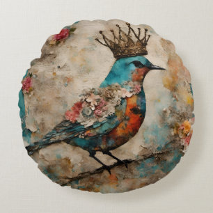 Vogel in einer Crown Mixed Media Collage Rundes Kissen
