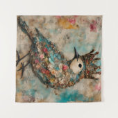 Vogel in einer Crown Mixed Media Collage Wandteppich (Vorderseite (Horizontal))