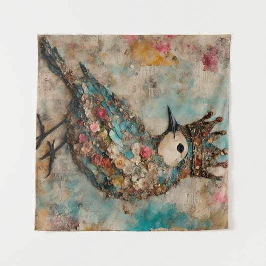 Vogel in einer Crown Mixed Media Collage Wandteppich (Vorderseite (Horizontal))