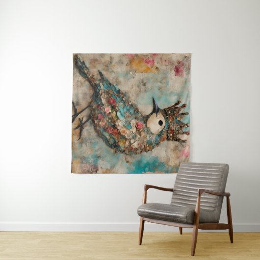 Vogel in einer Crown Mixed Media Collage Wandteppich (Beispiel (Horizontal))