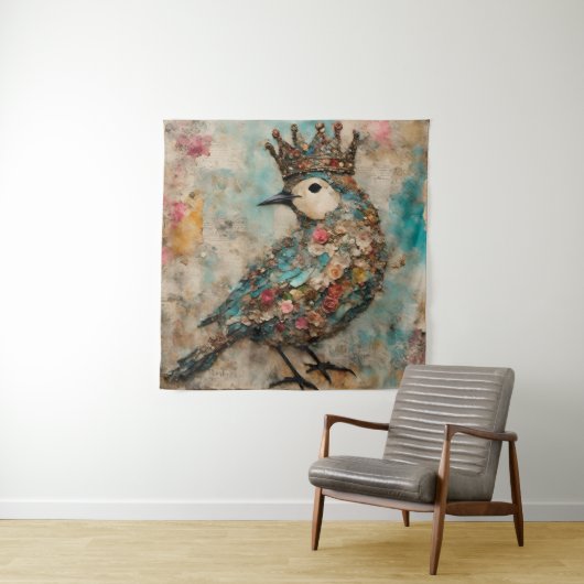 Vogel in einer Crown Mixed Media Collage Wandteppich (Beispiel)