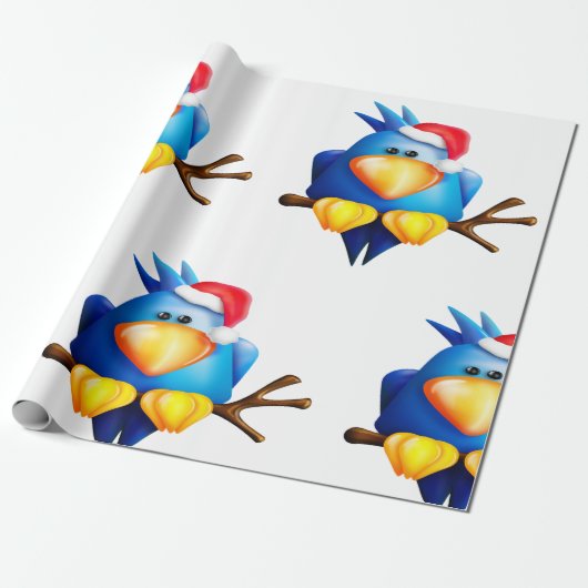 Vogel in einer Weihnachtsmannmütze Geschenkpapier (Ungerollt)