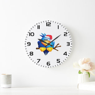 Vogel in einer Weihnachtsmannmütze Große Wanduhr