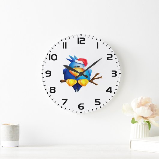 Vogel in einer Weihnachtsmannmütze Große Wanduhr