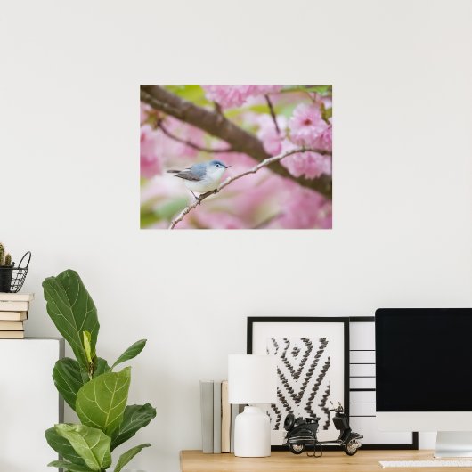 Vogel in rosa Blossom Tree Poster (Heimbüro)