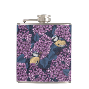 Vögel in violettem lila Garten Flachmann