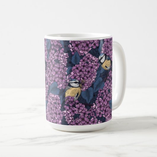 Vögel in violettem lila Garten Kaffeetasse (VorderseiteRechts)