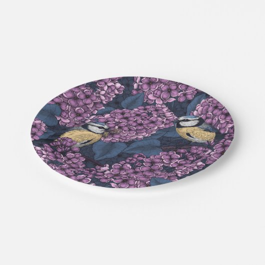 Vögel in violettem lila Garten Pappteller (Schrägansicht)