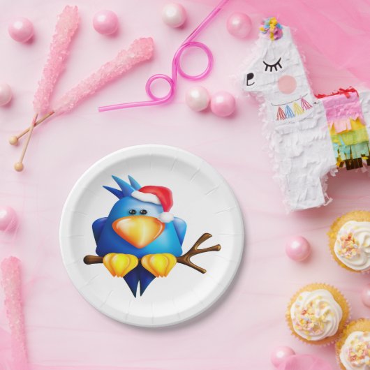 Vogel in Weihnachtsmannmütze Papier Teller (Party)