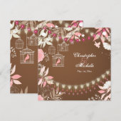 Vögel, Käfige, Blumengarten Rosa und Braun Hochzei Einladung (Vorne/Hinten)