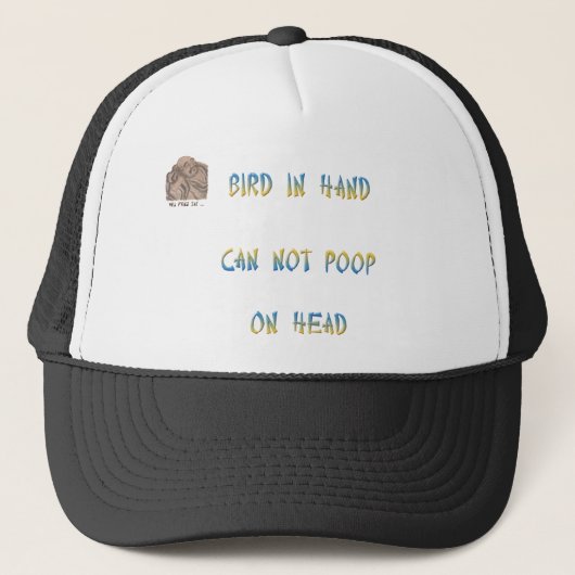 Vogel kann nicht auf Kopf in der Hand kacken Truckerkappe (Vorderseite)