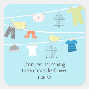 Vögel & Kleidung auf Draht Baby Shower Favor Stick Quadratischer Aufkleber