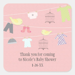 Vögel & Kleidung auf Draht Baby Shower Favor Stick Quadratischer Aufkleber