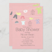 Vögel & Kleidung auf einem Draht Baby Shower Einla Einladung (Vorne/Hinten)