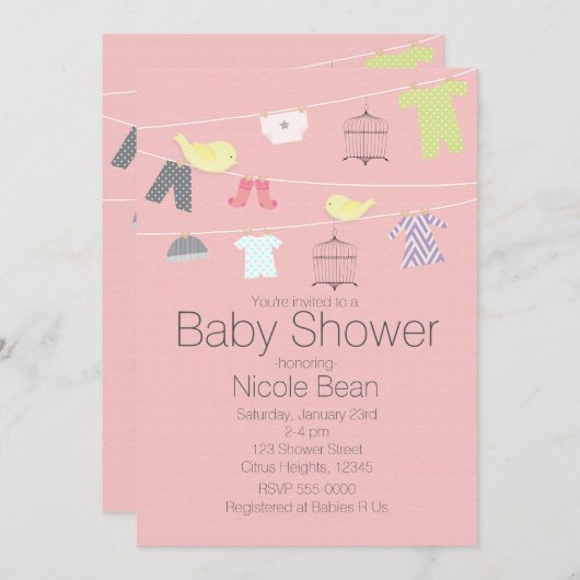 Vögel & Kleidung auf einem Draht Baby Shower Einla Einladung (Vorne/Hinten)