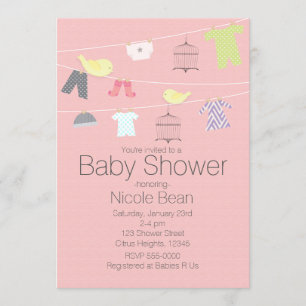 Vögel & Kleidung auf einer Draht Baby Shower Einla Einladung