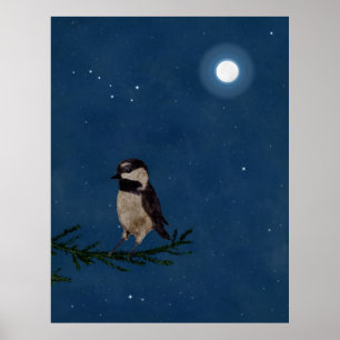 Vogel-Kunst, Chickadee, Mond, Sterne, Großer Poster