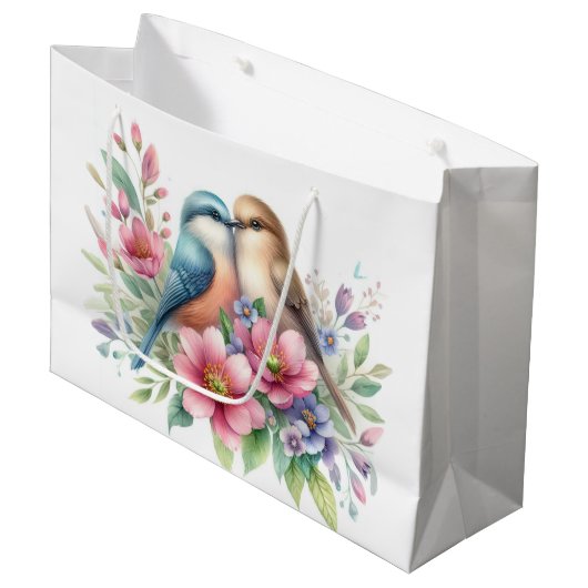 Vögel lieben in Frühlingsblumen Große Geschenktüte (Vorderseite Schrägansicht)