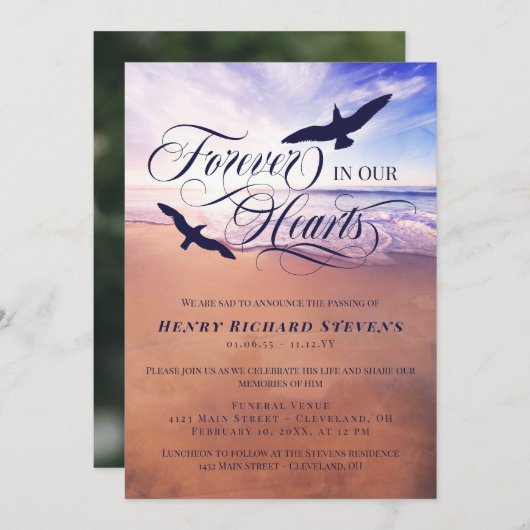 Vögel Meer Strand für immer in unserem Herzen Einladung (Vorne/Hinten)