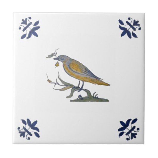 Vogel mit Berry White Delft Repro c. 1650 Tile Fliese (Vorderseite)