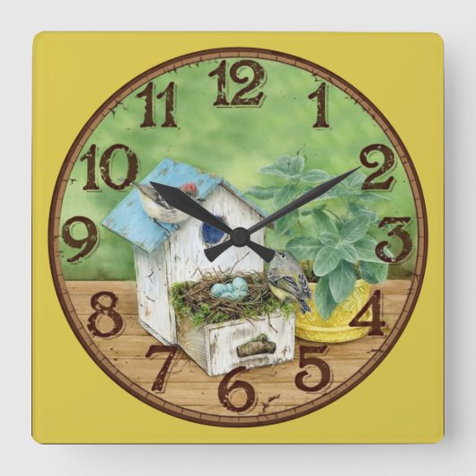Vogel mit Birdhouse Quadratische Wanduhr (Vorderseite)