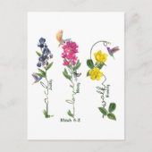 Vogel mit Blume Gerechtigkeit Liebe Gnade und gehe Postkarte (Vorderseite)