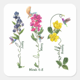 Vogel mit Blume Gerechtigkeit Liebe Gnade und gehe Quadratischer Aufkleber