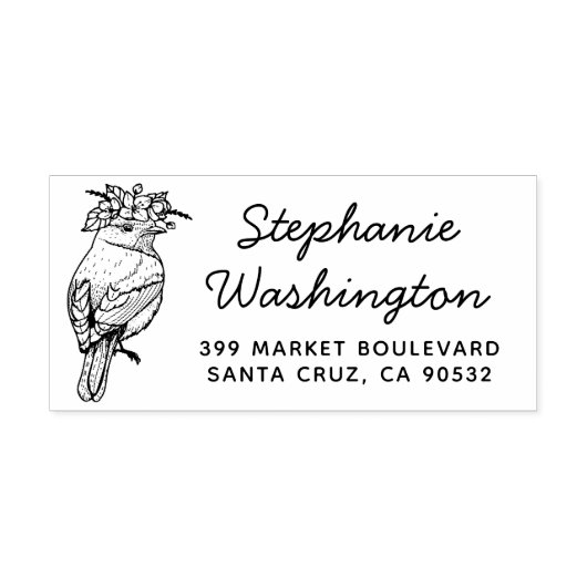 Vogel mit Blume | Name Script und Rücksendeadresse Gummistempel (Prägung)