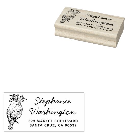 Vogel mit Blume | Name Script und Rücksendeadresse Gummistempel (Stempel)